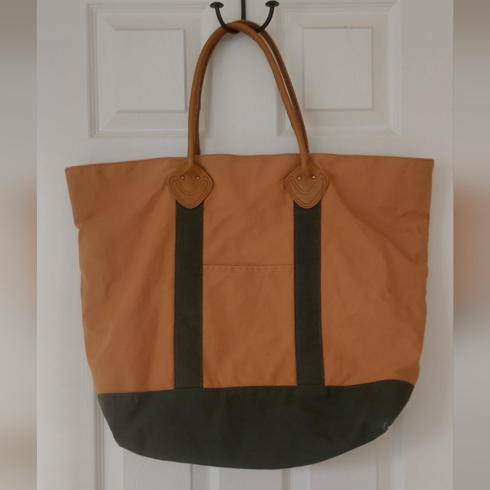 Vintage L.L.Bean Leather Handled Canvas Tote Bag with plaid liner